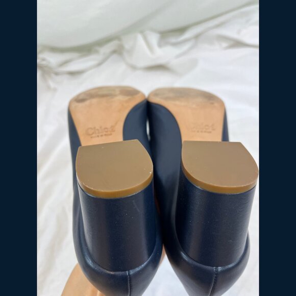 Chloe Scalloped Edge Blue Leather Block Heels - Size 39 - Picture 13 of 16